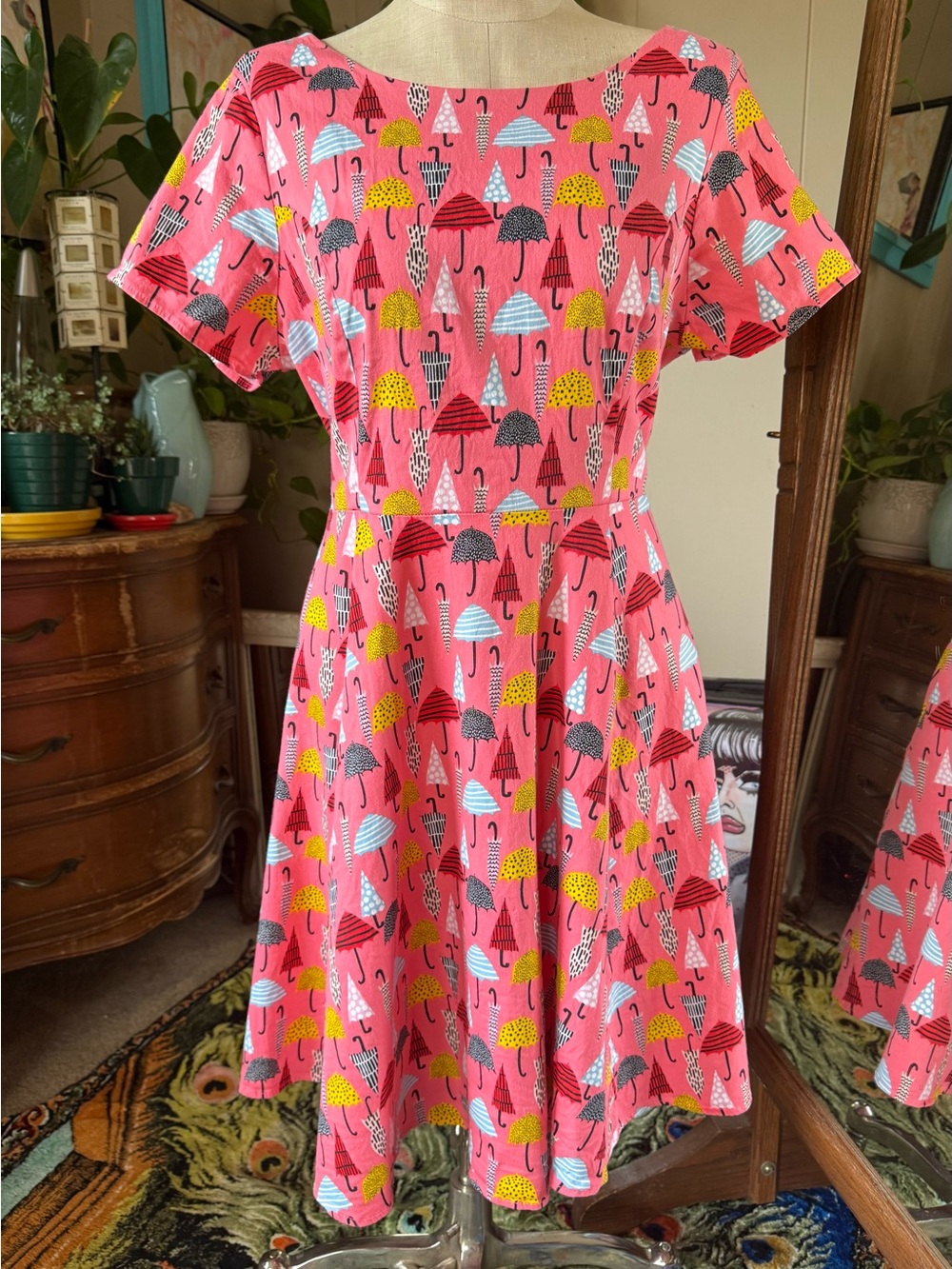 Eva Rose Pink Umbrella Print Women's 2X Dress Pockets Retro Style Fit & Flare